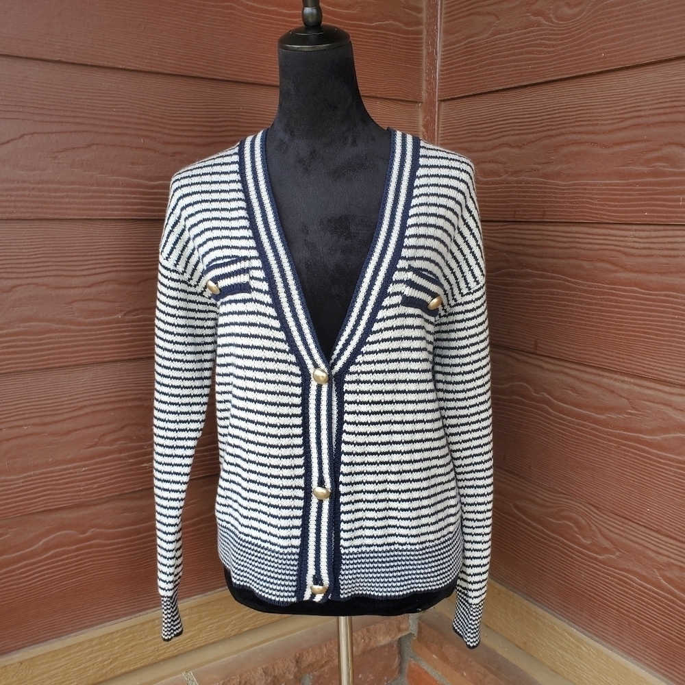Tahari Navy Blue and White Striped Women's Button Down Cardigan Sweater NWOT - Picture 10 of 15